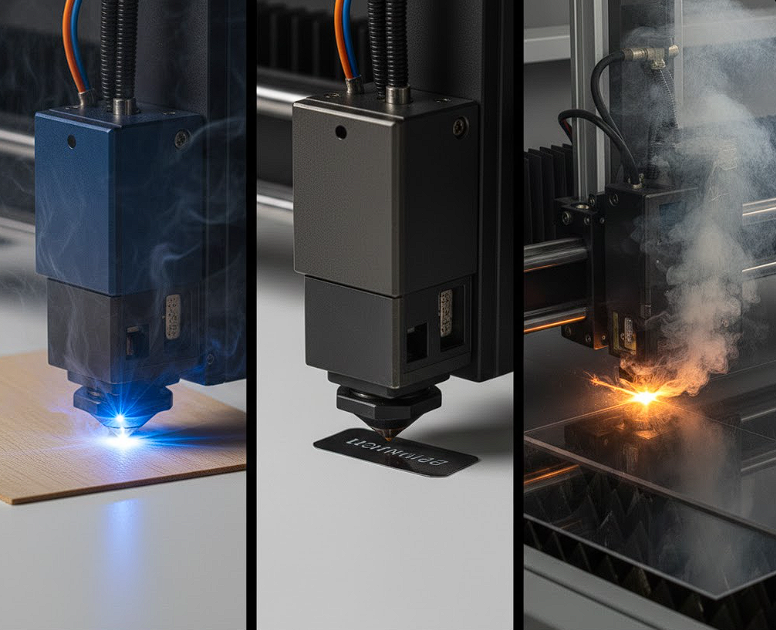 Comparatif des technologies laser : Diode bleue (450nm) pour le bois, Infrarouge (1064nm) pour le métal et CO2 (10.60µm) pour l'acrylique.