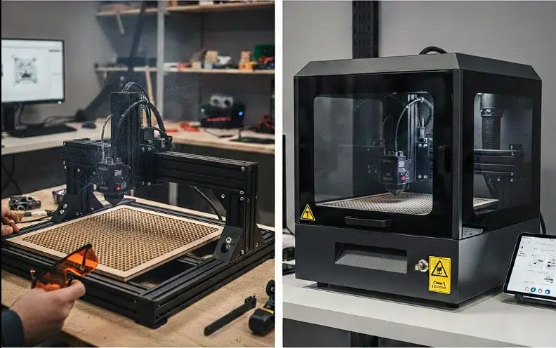 Comparatif entre un graveur laser open frame (châssis ouvert Classe 4) et un graveur laser avec caisson de protection (châssis fermé Classe 1).