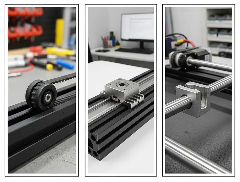 comparaison des systèmes de guidage laser : galets V-Slot, rail linéaire MGN et rail cylindrique.
