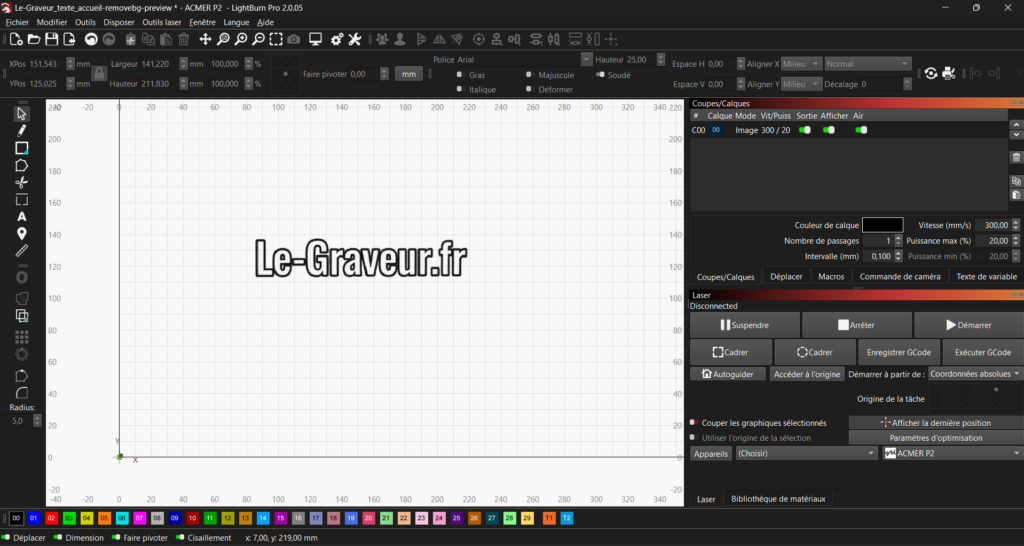 screenshot du logiciel Lightburn en cours d'utilisation pour graver le logo de l'entreprise le-graveur.fr