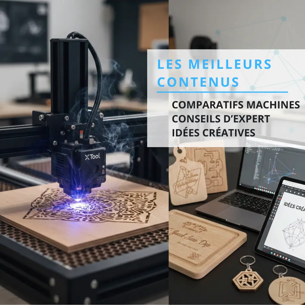 Machine de gravure laser CNC xTool en action sur du contreplaqué avec exemples de créations DIY et conseils d'expert.