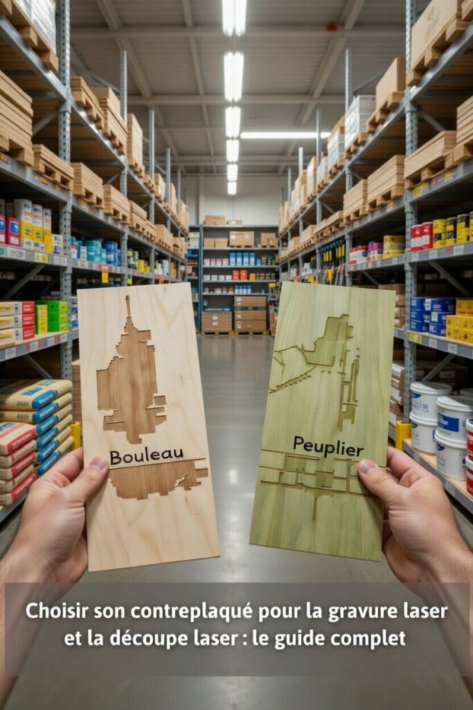 Comparaison contreplaqué bouleau et peuplier gravés au laser, tenus en main dans un entrepôt de matériaux — guide de sélection pour la gravure et découpe laser