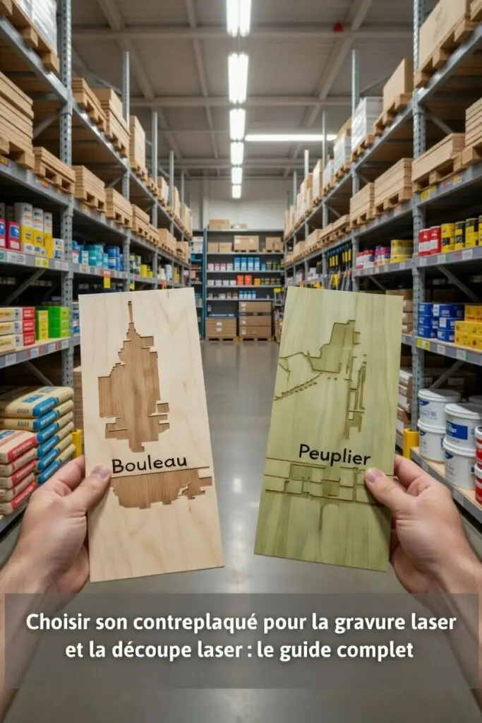 Comparaison contreplaqué bouleau et peuplier gravés au laser, tenus en main dans un entrepôt de matériaux — guide de sélection pour la gravure et découpe laser