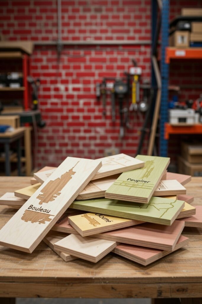 Plaques de contreplaqué bouleau, peuplier et okoumé gravées au laser, présentées en atelier — comparaison des essences pour la gravure et découpe laser