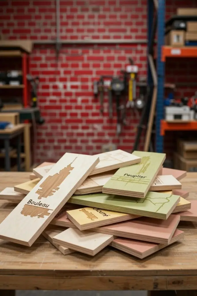 Plaques de contreplaqué bouleau, peuplier et okoumé gravées au laser, présentées en atelier — comparaison des essences pour la gravure et découpe laser