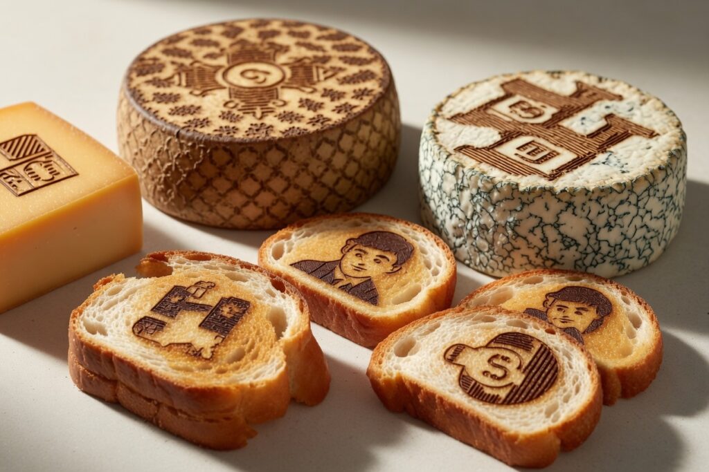 Illustration IA — gravure laser diode sur aliments : tranches de pain avec motifs gravés par carbonisation, fromages à croûte dure et fleurie gravés au laser diode 455 nm
