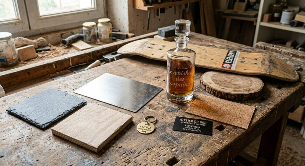 Établi d'atelier avec matériaux nativement gravables au laser diode — ardoise, contreplaqué, aluminium, liège, rondelle de bois massif — entourés de pièces gravées : carafe verre, médaille aluminium anodisé, plaque inox, skateboard bois