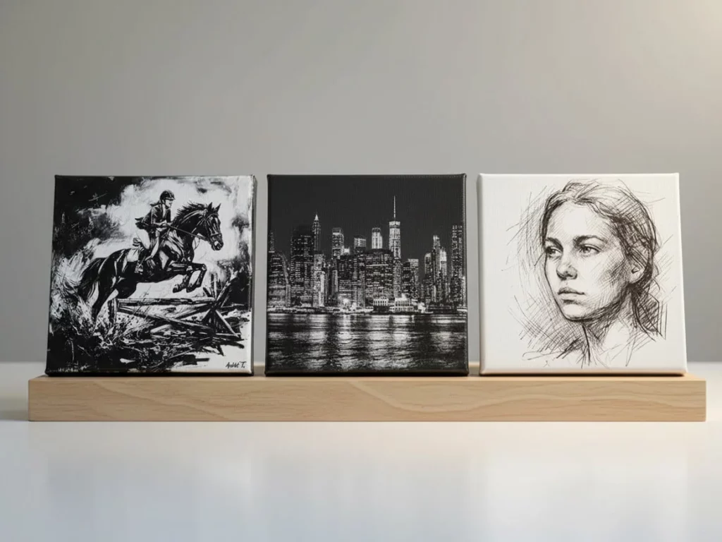 Trois toiles gravées au laser par Le Graveur en noir et blanc : un cavalier franchissant un obstacle, un skyline urbain nocturne et un portrait de femme au trait