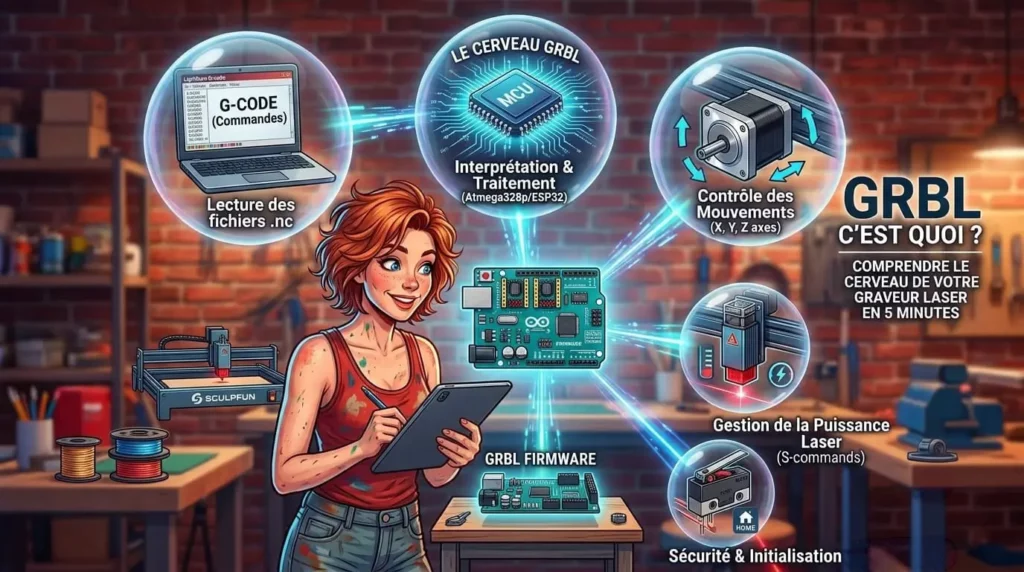 Infographie Le Graveur : le fonctionnement de GRBL expliqué par Zoé, du fichier G-code au firmware, avec contrôle des mouvements X/Y/Z, gestion de la puissance laser et retour origine