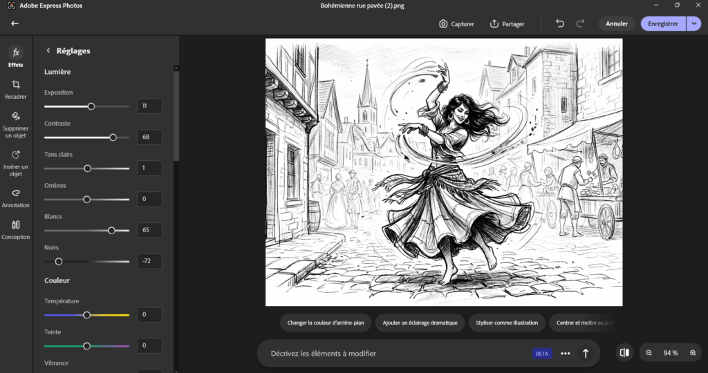 Préparation d'une image dans Adobe Express avant gravure laser : réglage de l'exposition, du contraste, des blancs et des noirs sur une illustration au crayon pour renforcer le contraste