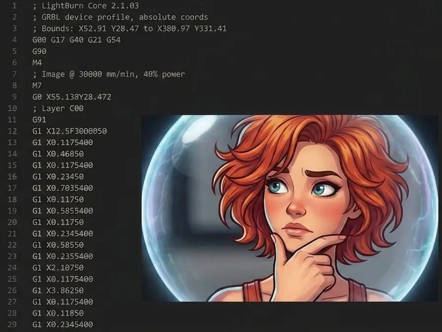 Zoé examine un fichier G-code généré par LightBurn — illustration du fonctionnement de GRBL sur un graveur laser
