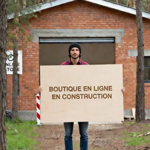 Artisan graveur devant son atelier tenant un panneau en bois gravé "Boutique en ligne en construction" pour le-graveur.fr.